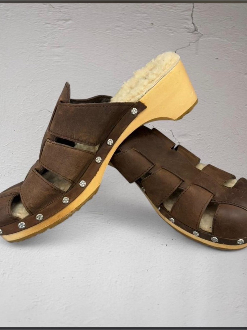 Vintage Y2K UGG Brown Leather Shearling-Lined Clog Mule with Studded Wooden Sole